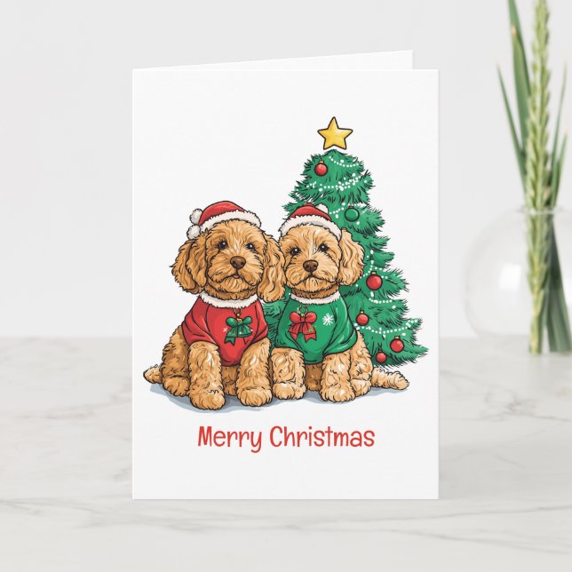 Cartão De Festividades Feliz Natal Cachorros de Goldendoodle (Frente)
