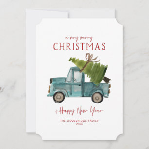 Cartão De Festividades Feliz Natal Caminhão Azul Aquarela