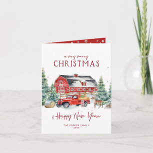 Cartão De Festividades Feliz Natal Caminhão Vermelho Feriado Aquarela