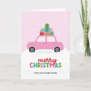 Cartão De Festividades Feliz Natal Carro com Presentes de Natal em Rosa