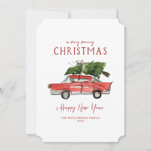 Cartão De Festividades Feliz Natal Carro Vermelho Aquarela