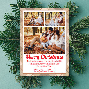 Cartão De Festividades Feliz natal, castanho tartan 3 fotos da família
