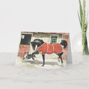 Cartão De Festividades Feliz Natal - Cavalo de Vintagem e Cão