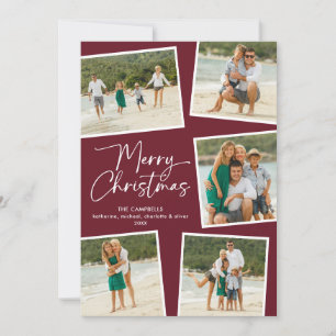 Cartão De Festividades Feliz Natal Cinco Colagem de Fotos Vermelho Cereja