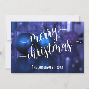 Cartão De Festividades Feliz Natal com Bolas de Vidro Azul e Roxo
