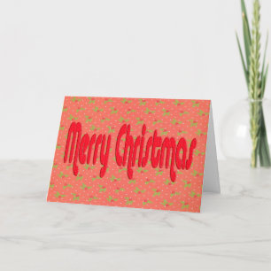 Cartão De Festividades Feliz Natal com fundo vermelho, azevinho e pontos