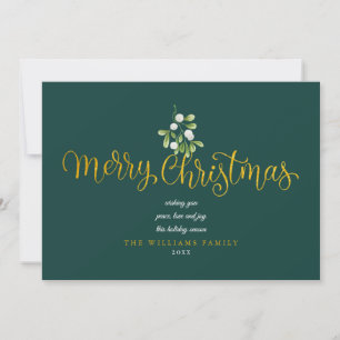 Cartão De Festividades Feliz Natal com Letra Dourada Simples de Visco