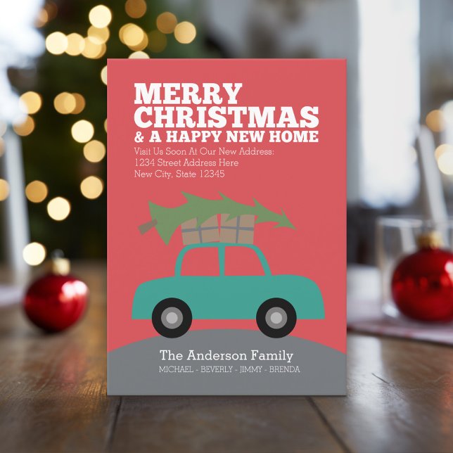 Cartão De Festividades Feliz Natal com o Novo Endereço Doméstico em Movim (Holiday Moving Card with New Address and Cute Car carrying Christmas Tree)