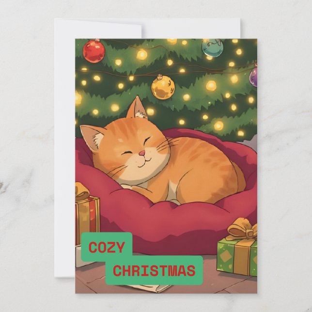 Cartão De Festividades Feliz Natal com um gato bonito (Frente)