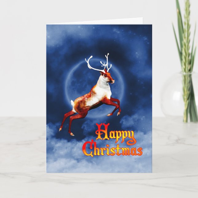 Cartão De Festividades Feliz Natal com uma rena voadora (Frente)