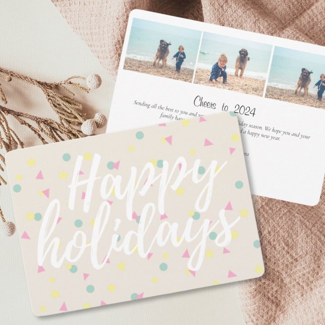 Cartão De Festividades Feliz Natal Confetti Script Cream 3 Foto (Happy Holidays Colorful Confetti Family Photo Collage Holiday Card)