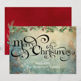 Cartão De Festividades Feliz Natal Curls Swirl typo Vintage greens