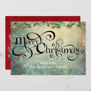 Cartão De Festividades Feliz Natal Curls Swirl typo Vintage greens