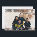 Cartão De Festividades Feliz Natal da família Collage Snowflake<br><div class="desc">O Cartão de Férias da Família de Colagem de Fotos Abençoado Snowflake Overlay é um modelo excelente para os seus cartões de Natal de feriado. A frente vem com uma foto grande da família e um quadro branco de cobertura do floco de neve, a palavra abençoada em ouro, e um...</div>