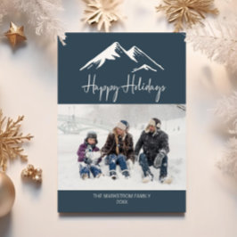 Cartão De Festividades Feliz Natal da Montanha Neve Foto Azul Natal