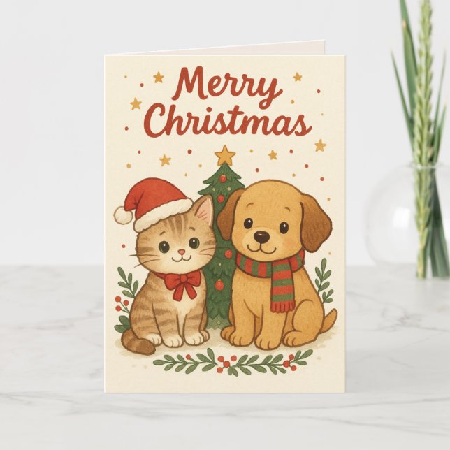 Cartão De Festividades Feliz Natal da Puppy e Kitten (Frente)