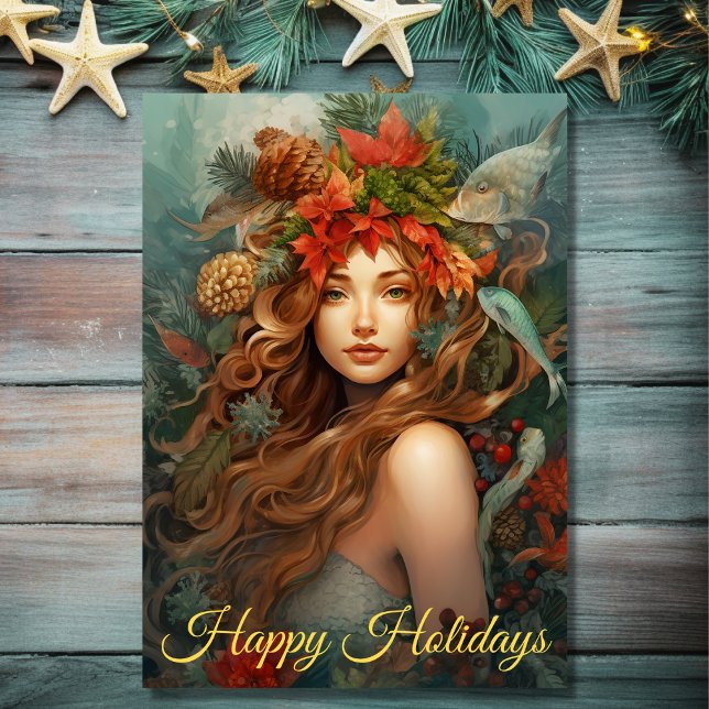 Cartão De Festividades Feliz Natal da Sereia (Front - Beautiful Mermaid Happy Holidays Beach Christmas Holiday Card)