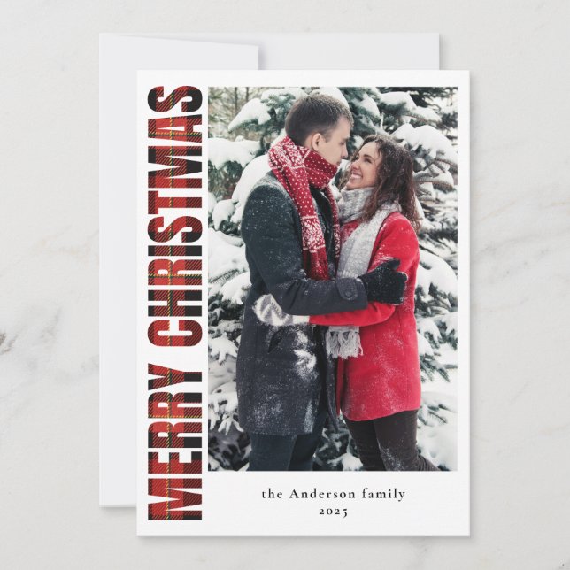 Cartão De Festividades Feliz Natal da Xadrez Vermelha da Família Elegante (Frente)