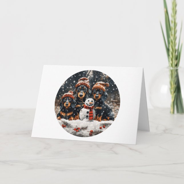 Cartão De Festividades Feliz Natal Dachshund Dogs Snowman (Frente)