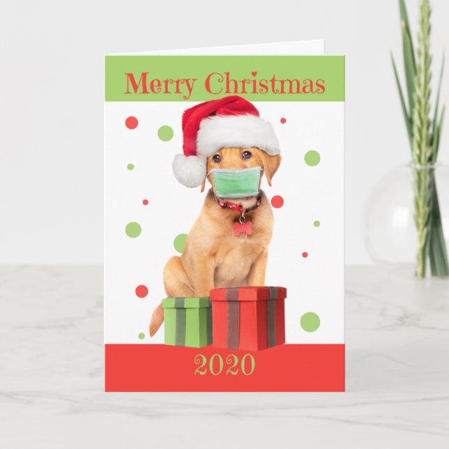 Cartão De Festividades Feliz Natal de 2020, Labrador Puppy no Face Mask (Frente)