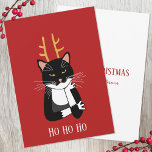 Cartão De Festividades Feliz Natal de Gato Sarcástico<br><div class="desc">Um gato engraçado e irritado com chifres para criar um sorriso de Natal. Arte original de Nic Squirrell. Altere o texto na frente e a mensagem e o nome na parte traseira para personalizar.</div>