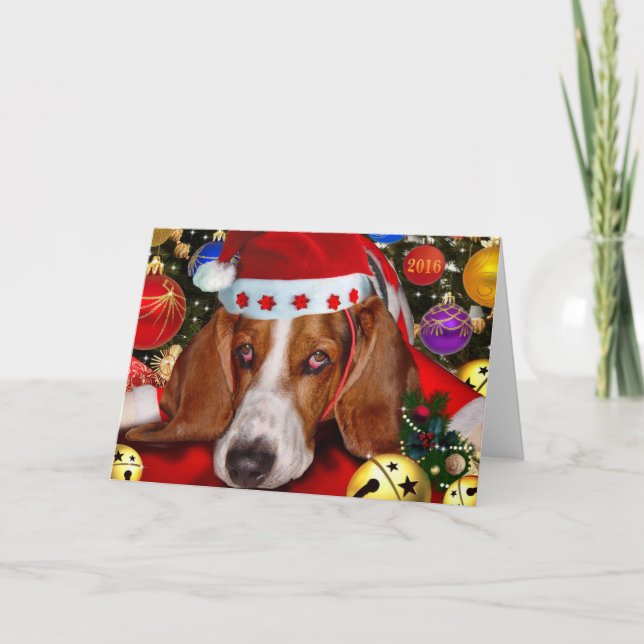 Cartão De Festividades Feliz Natal de Holmes Basset Hound (Frente)