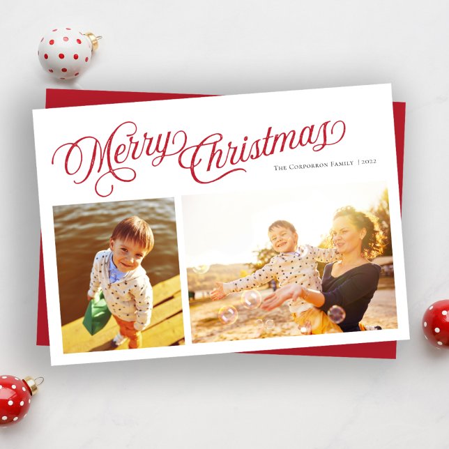 Cartão De Festividades Feliz Natal de Script Clássico | Foto vermelha 2 (Criador carregado)