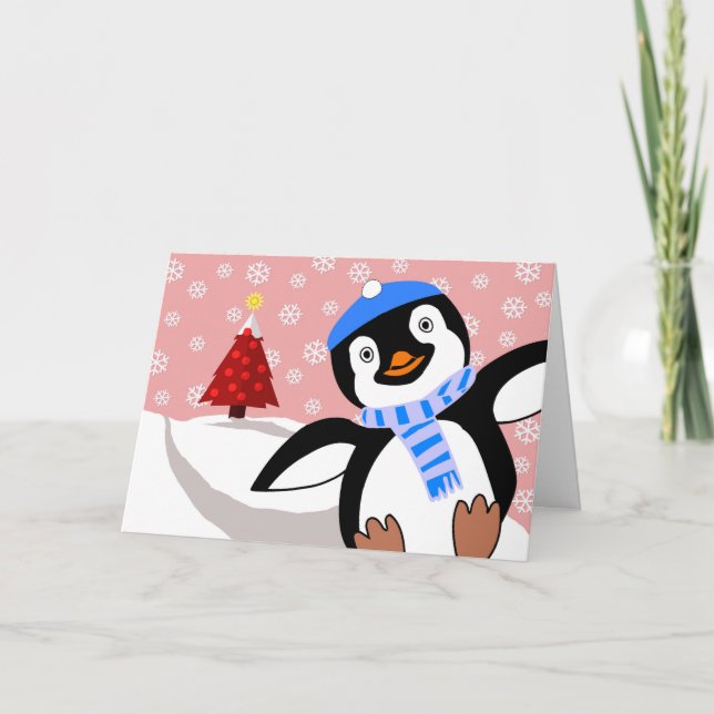 Cartão De Festividades Feliz Natal, Descida deslizante de pinguim (Frente)