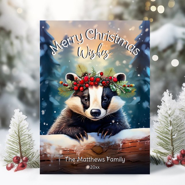 Cartão De Festividades Feliz Natal Deseja O Badger Da Floresta De Madeira (Adorable Winter Snowy Scene With Peeking Dogs or Farm/Woodland Animals - Over 50 to Choose From!)