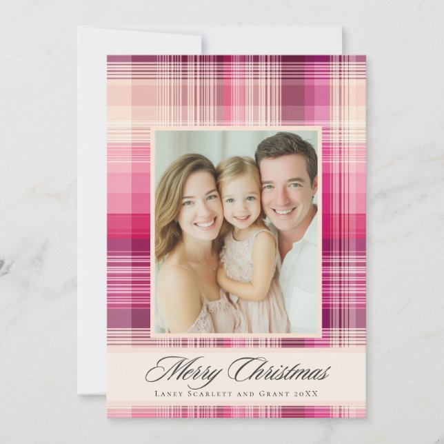 Cartão De Festividades Feliz Natal design de férias xadrez rosa (Frente)