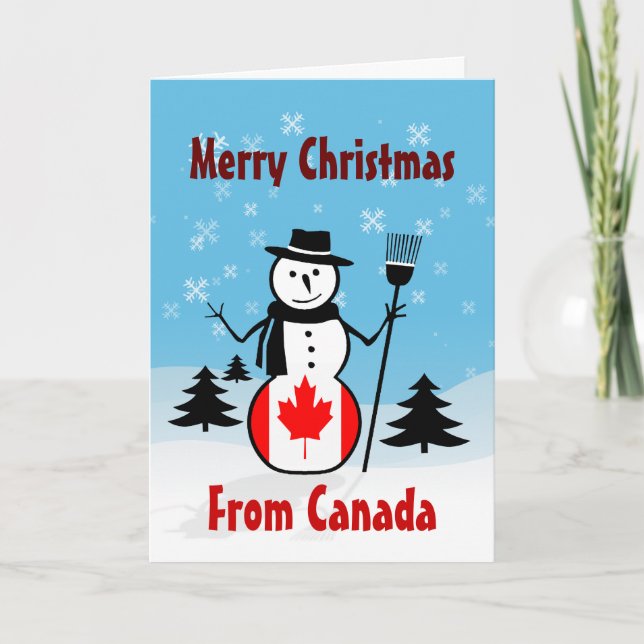 Cartão De Festividades Feliz Natal Do Canadá Snowman Flag Canadense (Frente)