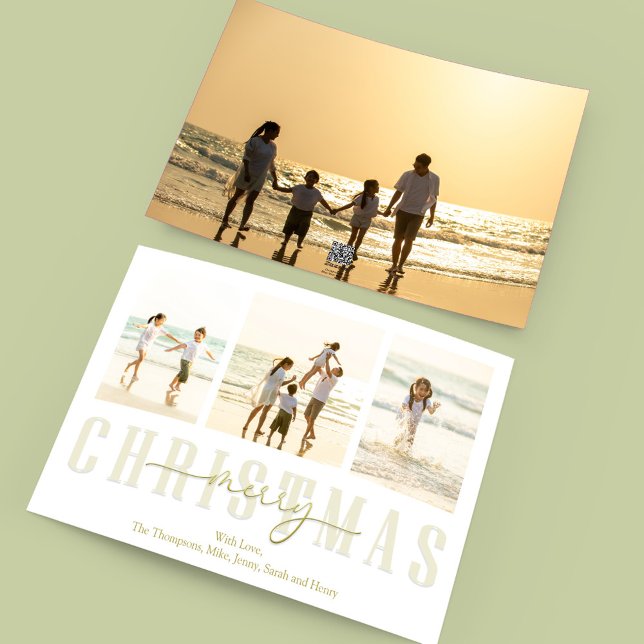 Cartão De Festividades Feliz Natal Dourado Caligrafia Elegante 4 (Merry Christmas gold typography-style photo card with a four-photo template. )