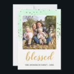 Cartão De Festividades Feliz Natal Dourado e brilhante do Pastel<br><div class="desc">Abençoado Pastel Watercolor cristão e Dourado Glitter Confetti Cartão com fotos de Natal Religioso. A foto e o nome da família podem ser atualizados e personalizados nesta cor d'água e no cartão de Natal brilhante. Entre em contato com o designer para obter itens correspondentes.</div>