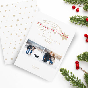 Cartão De Festividades Feliz Natal Dourado Efeito Colagem nas Estrelas de