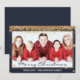 Cartão De Festividades Feliz Natal Dourado Foto da Família Glitter Frame