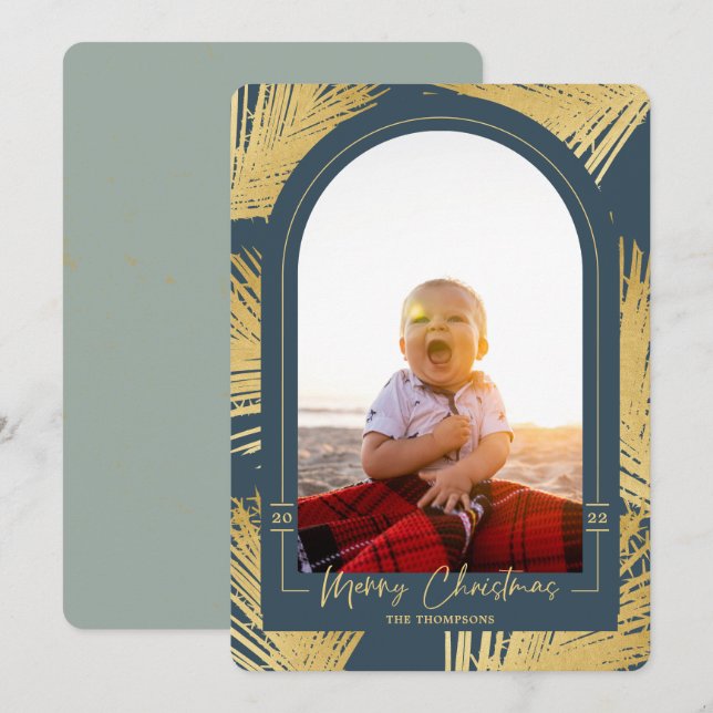 Cartão De Festividades Feliz Natal Dourado Palm Blue Beach Foto (Frente/Verso)