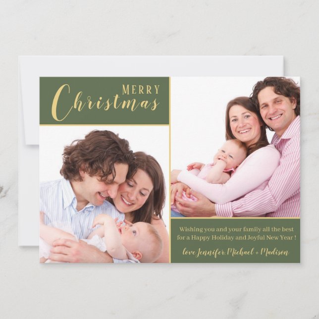 Cartão De Festividades Feliz Natal|Dourado Verde|2 Foto (Frente)