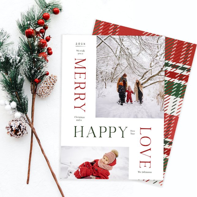 Cartão De Festividades Feliz Natal e Feliz ano novo 2 foto (We wish you a Merry Christmas and a Happy new year. 2 photo holiday card with plaid backside pattern)