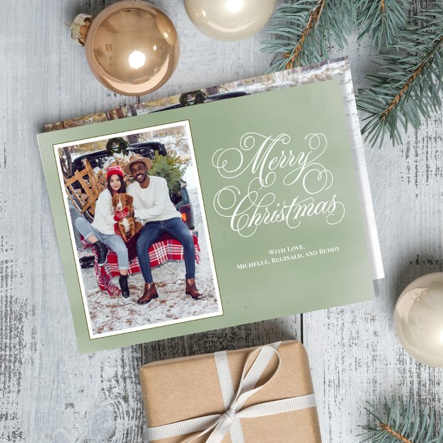 Cartão De Festividades Feliz Natal Elegante Foto Verde (Merry Christmas photo card with stylish calligraphy script. )