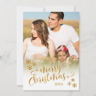 Cartão De Festividades Feliz Natal em Dourado com Foto e Flocos de Neve