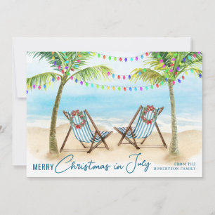 Cartão De Festividades Feliz Natal em Julho Coqueiros de Praia Tropical