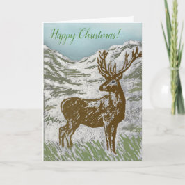 Cartão De Festividades Feliz Natal Escocês Deer Snowy Glen Linocut