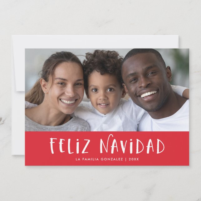 Cartão De Festividades Feliz Natal Espanhol Vermelho com Foto (Frente)