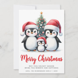 Cartão De Festividades Feliz Natal Família de Pinguins Fofos Vermelho e B