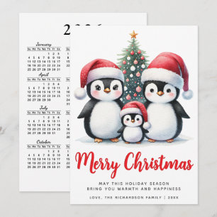 Cartão De Festividades Feliz Natal Família de Pinguins Fofos Vermelho e B