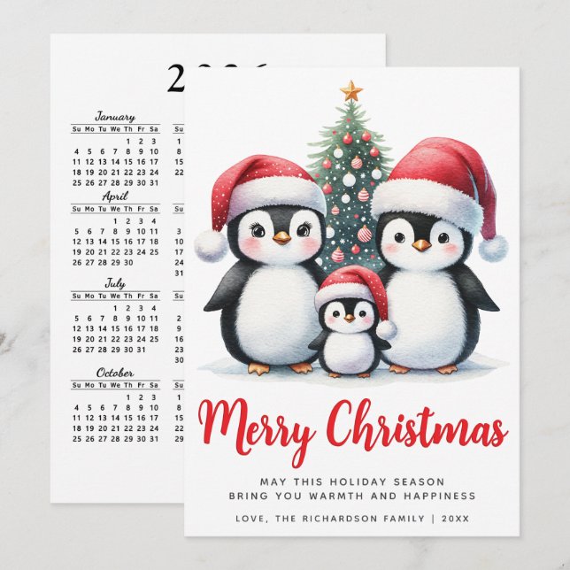 Cartão De Festividades Feliz Natal Família de Pinguins Fofos Vermelho e B (Frente/Verso)