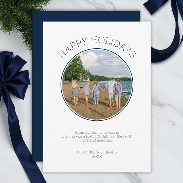 Cartão De Festividades Feliz Natal Família Foto Moderna Natal Azul (Happy Holidays Family Photo Modern Blue Christmas Holiday Card)