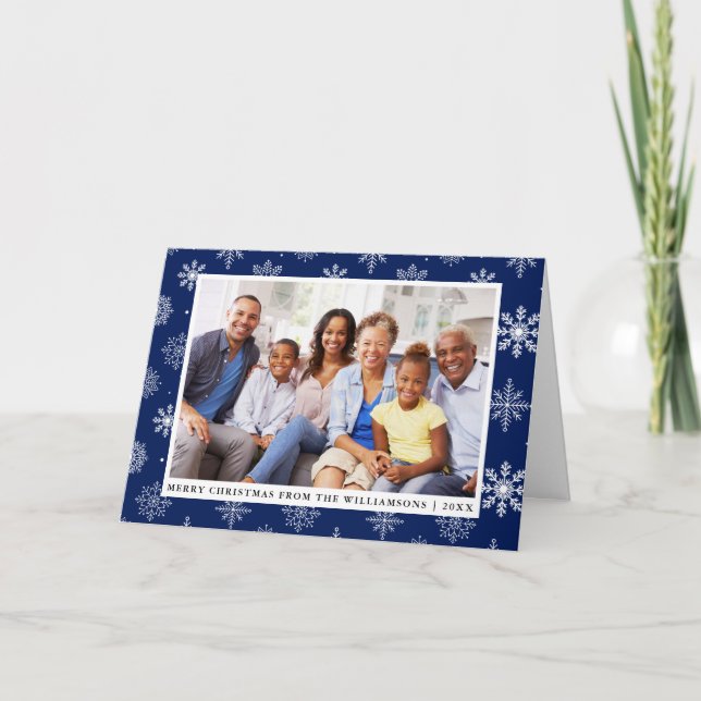 Cartão De Festividades Feliz Natal Família Foto Snowflakes Azul (Frente)