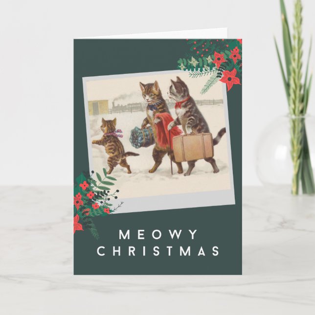 Cartão De Festividades Feliz Natal - Família Gato na Neve (Frente)