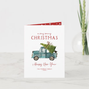 Cartão De Festividades Feliz Natal Feriado Caminhão Azul Aquarela